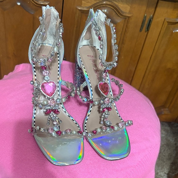 Betsey Johnson Silver and Pink Heart Embellished Heels - Picture 1 of 12